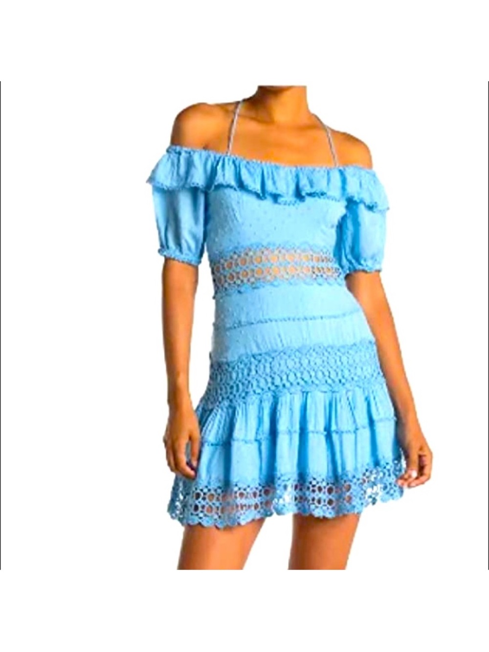 Free People Sky Blue One-Shoulder Crochet Trim Mini Dress